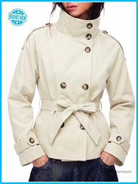 Cropped Trench Coat Double Breasted High Neck Polyester Blend Casual Jacket